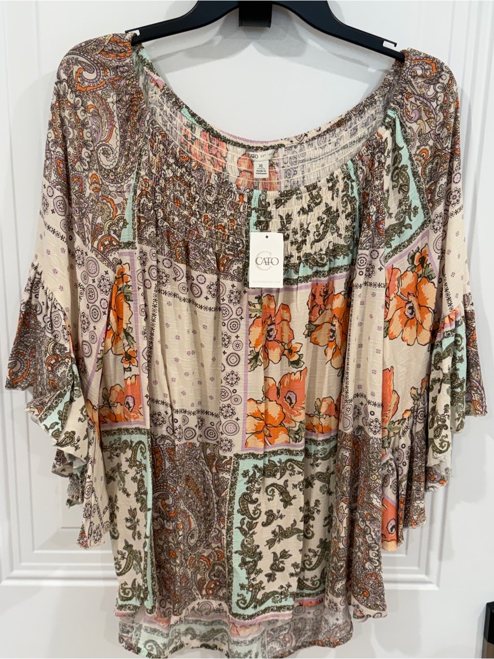 CATO Cream Patchwork Floral Off-Shoulder Blouse with Orange Accents